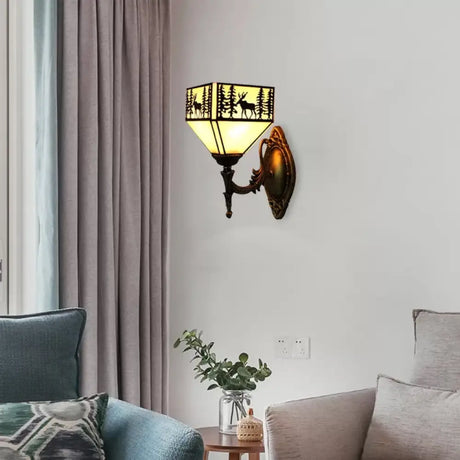 Lodge Stained Glass Wall Sconce With Curved Arm - Mini Mount Light White