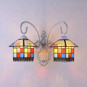Lodge Style 2-Head Sconce Lamp: Stained Glass Wall Light In White/Antique Bronze Ideal For Dining