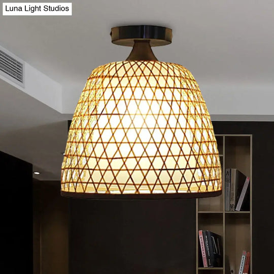 Lodge Style Bamboo Bucket Shade Semi Flush Light - Stylish Beige Ceiling Lighting For Corridor
