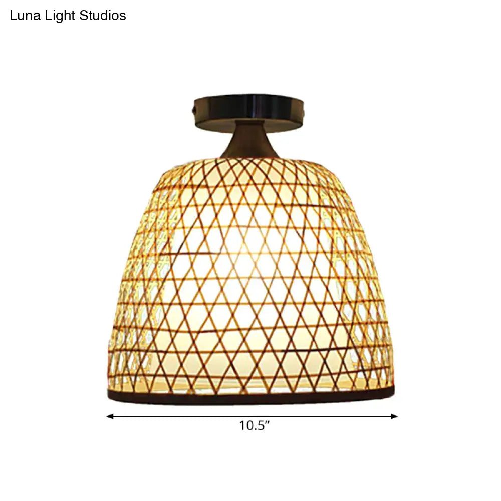 Lodge Style Bamboo Bucket Shade Semi Flush Light - Stylish Beige Ceiling Lighting For Corridor