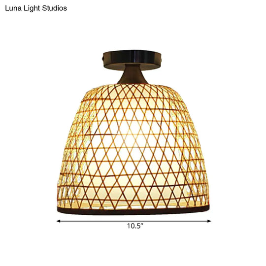 Lodge Style Bamboo Bucket Shade Semi Flush Light - Stylish Beige Ceiling Lighting For Corridor