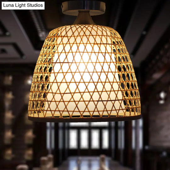 Lodge Style Bamboo Bucket Shade Semi Flush Light - Stylish Beige Ceiling Lighting For Corridor