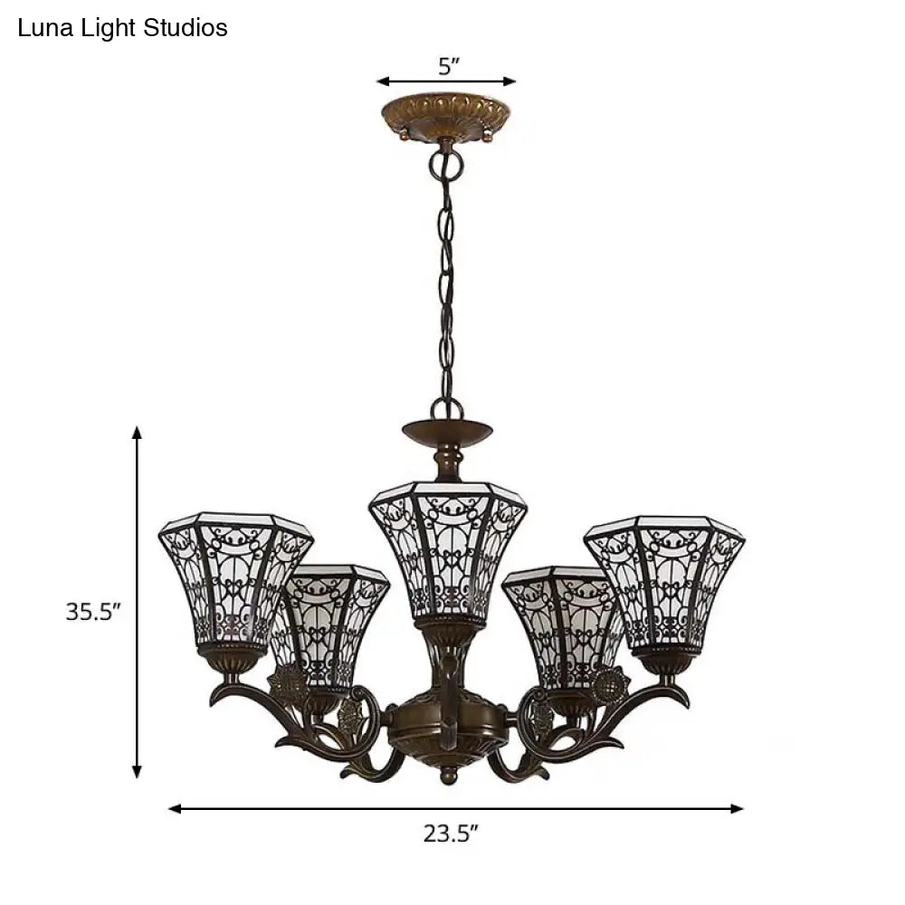 Lodge Style Bell Pendant Lighting - White And Black Glass Chandelier With 5 Lights Chain