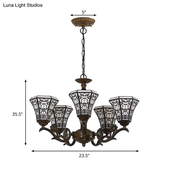Lodge Style Bell Pendant Lighting - White And Black Glass Chandelier With 5 Lights Chain