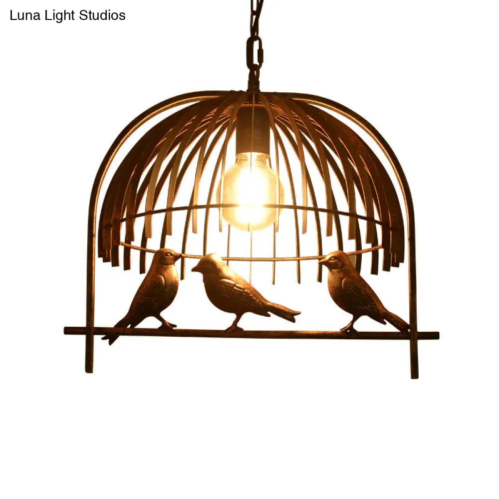Lodge Style Birdcage Hanging Light Fixture - Iron Pendant With Dome Shade In Rust/Black