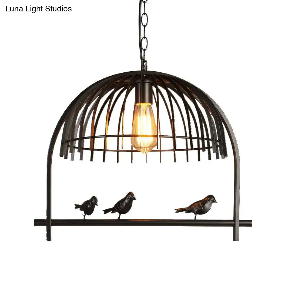 Lodge Style Hanging Birdcage Pendant Light Fixture With Iron Dome Shade - Rust/Black