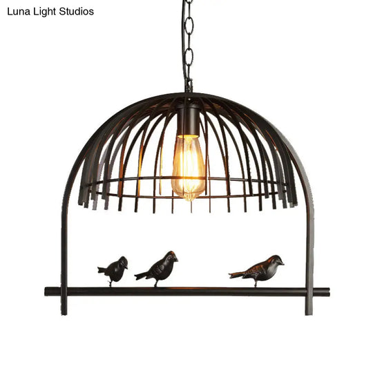 Lodge Style Hanging Birdcage Pendant Light Fixture With Iron Dome Shade - Rust/Black