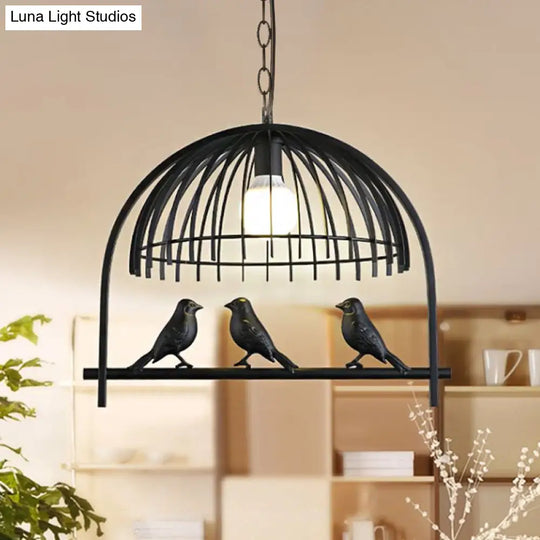 Lodge Style Birdcage Hanging Light Fixture - Iron Pendant With Dome Shade In Rust/Black