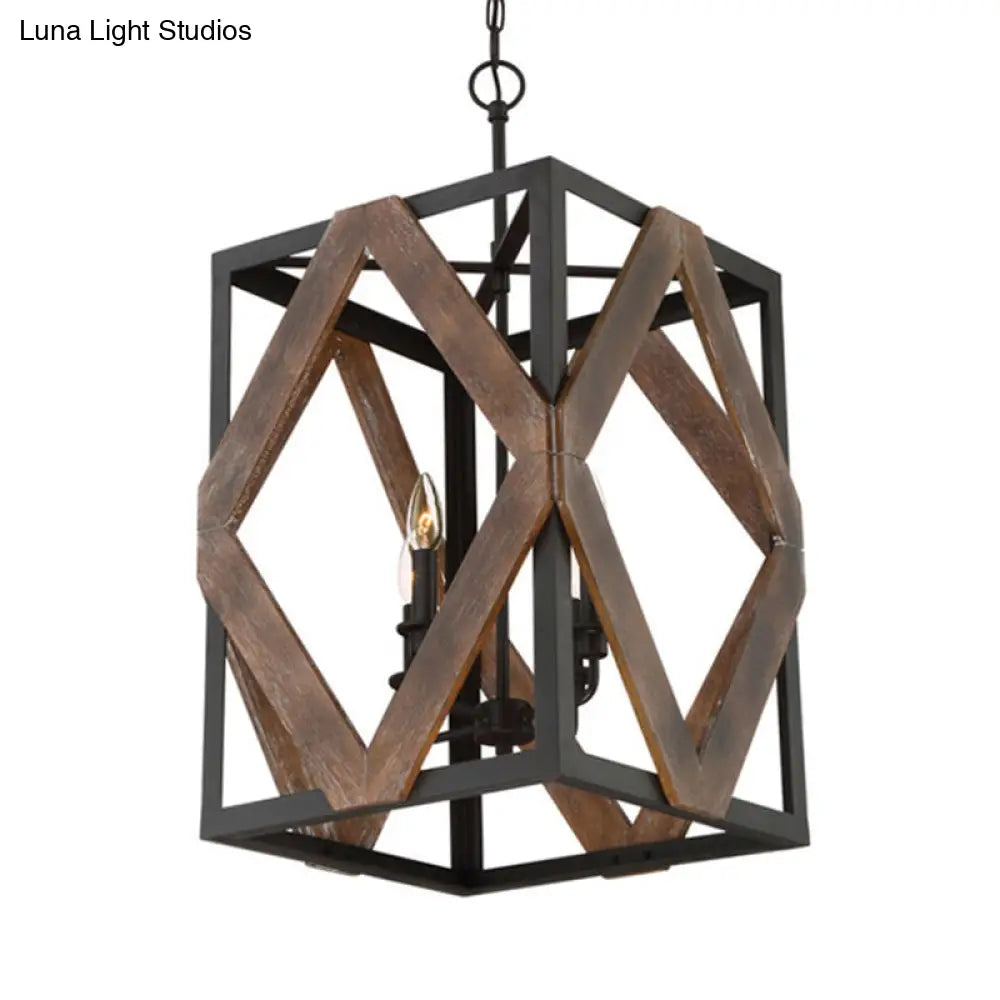 Black Metal Rectangle Cage Pendant Light With Rhombus Wood Design - Lodge Style Décor