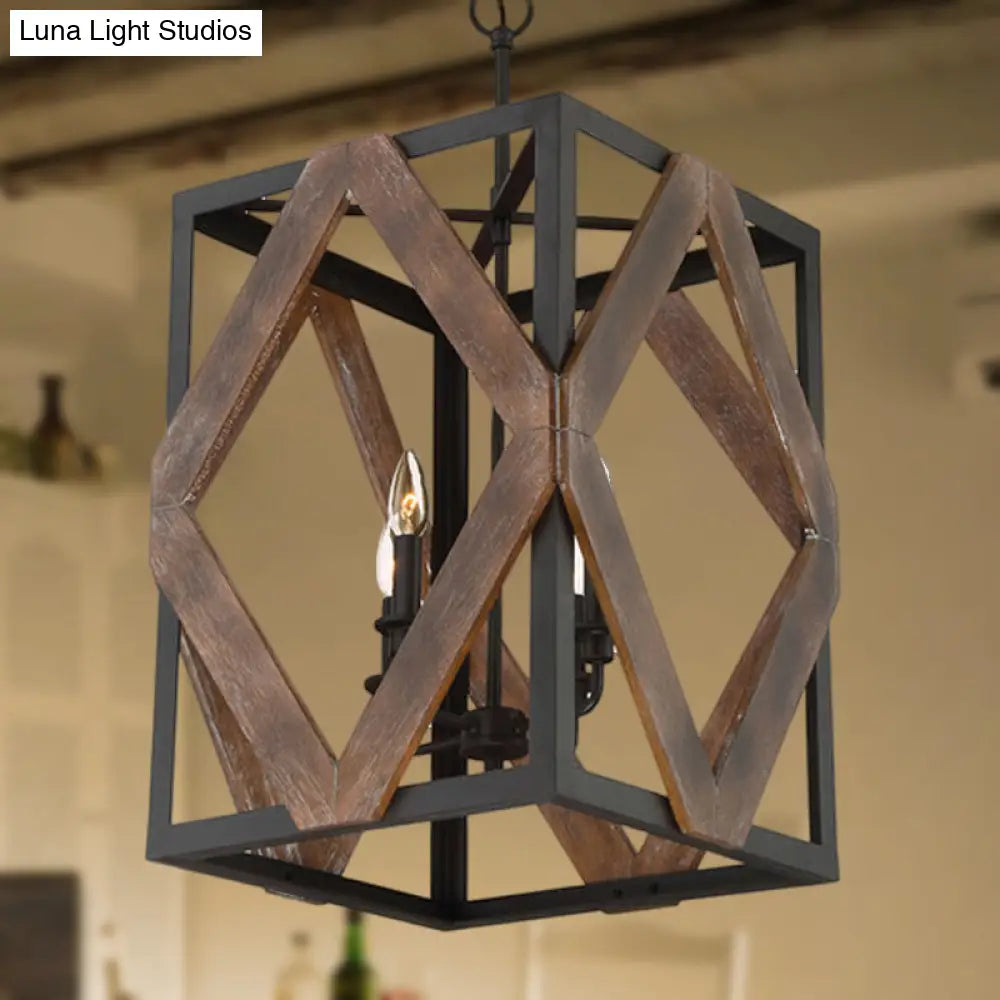 Lodge Style Black Metal Pendant Light With Wooden Rhombus Accents - 4-Light Rectangle Cage Hanging