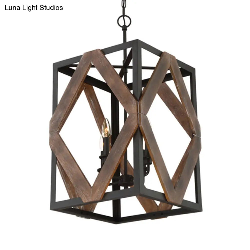Lodge Style Black Metal Pendant Light With Wooden Rhombus Accents - 4-Light Rectangle Cage Hanging