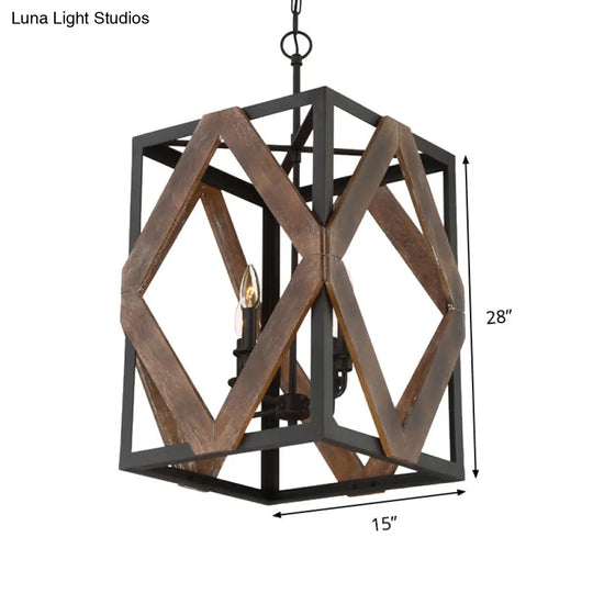 Lodge Style Black Metal Pendant Light With Wooden Rhombus Accents - 4-Light Rectangle Cage Hanging