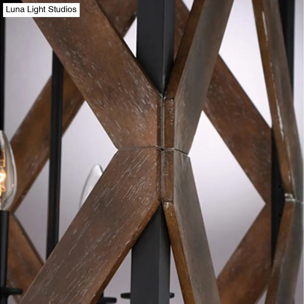 Lodge Style Black Metal Pendant Light With Wooden Rhombus Accents - 4-Light Rectangle Cage Hanging