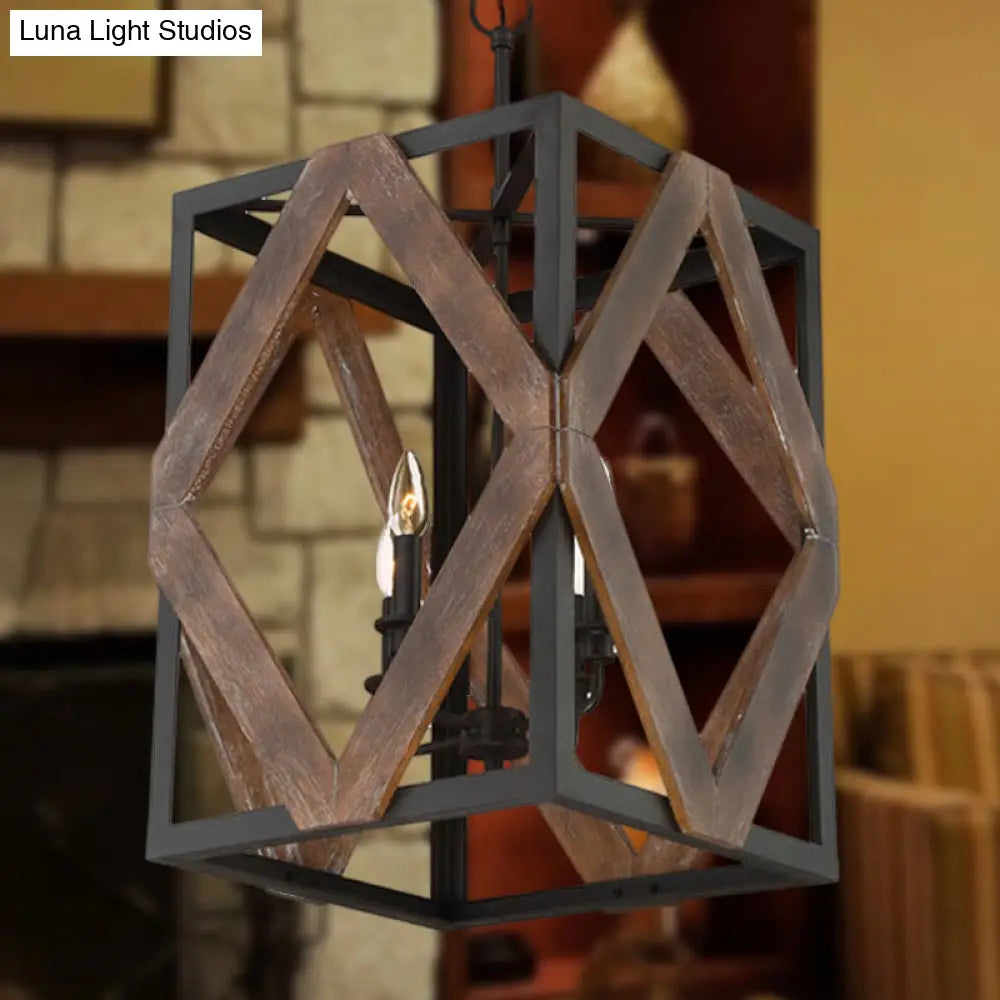 Black Metal Rectangle Cage Pendant Light With Rhombus Wood Design - Lodge Style Décor