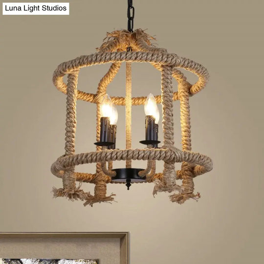 Lodge-Style Brown Pendant Lamp With 4 Rope Cage Shades - Stylish Hanging Light Fixture Perfect For