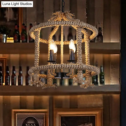Lodge-Style Brown Pendant Lamp With 4 Rope Cage Shades - Stylish Hanging Light Fixture Perfect For