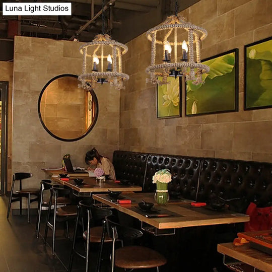 Lodge-Style Brown Pendant Lamp With 4 Rope Cage Shades - Stylish Hanging Light Fixture Perfect For