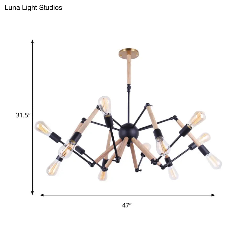 Lodge Style Open Bulb Chandelier: Adjustable 6/8-Head Wood And Metal Ceiling Light Fixture