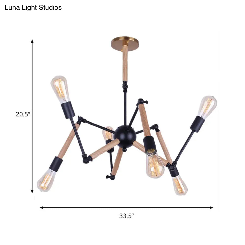 Lodge Style Open Bulb Chandelier: Adjustable 6/8-Head Wood And Metal Ceiling Light Fixture