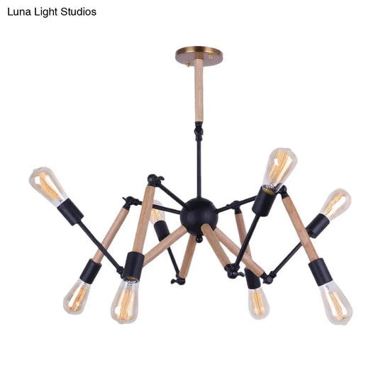 Lodge Style Open Bulb Chandelier: Adjustable 6/8-Head Wood And Metal Ceiling Light Fixture
