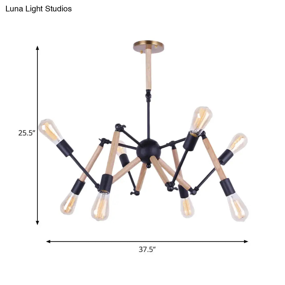 Lodge Style Open Bulb Chandelier: Adjustable 6/8-Head Wood And Metal Ceiling Light Fixture