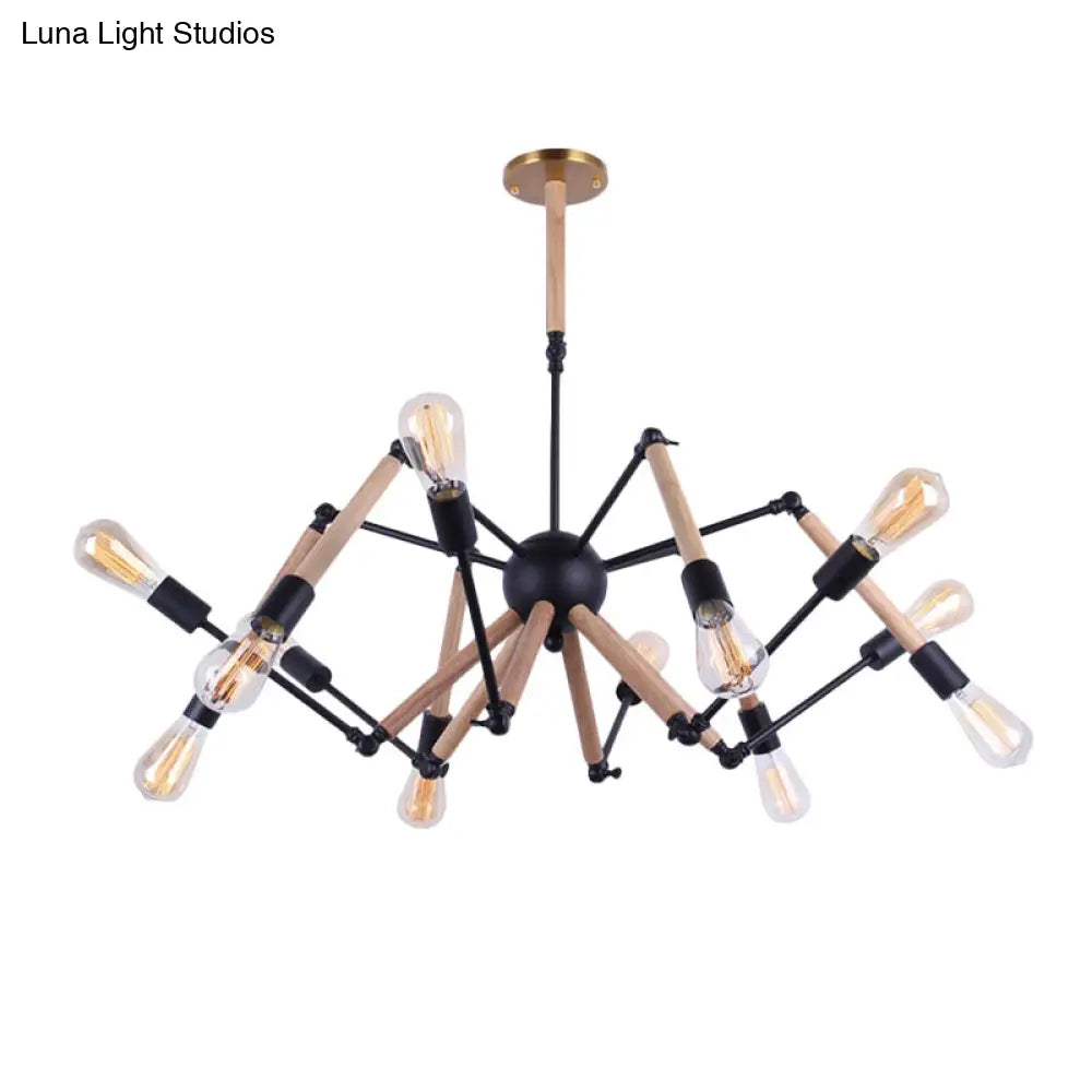 Lodge Style Open Bulb Chandelier: Adjustable 6/8-Head Wood And Metal Ceiling Light Fixture