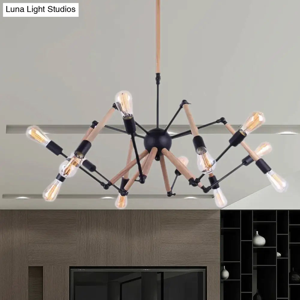 Lodge Style Open Bulb Chandelier: Adjustable 6/8-Head Wood And Metal Ceiling Light Fixture