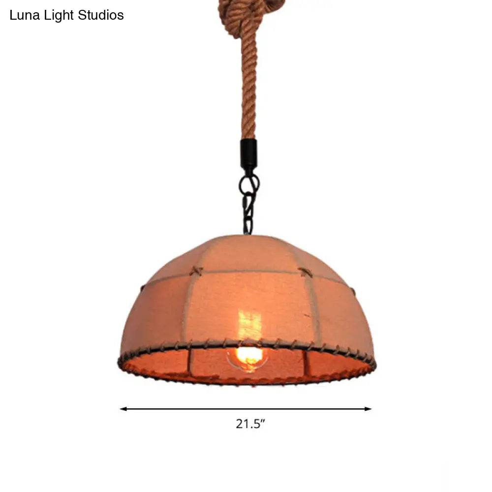 Lodge Style Hanging Lamp With Fabric And Rope Beige Dome Shade - 14/18 Pendant Light For Restaurants
