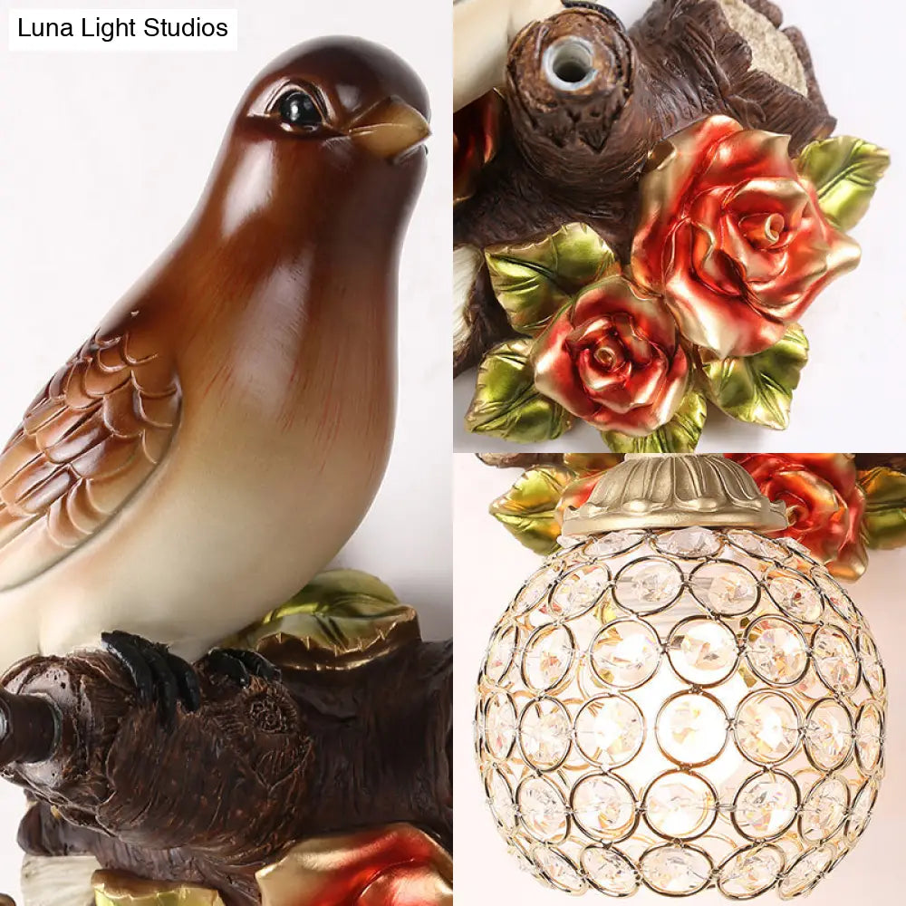 Lodge Style Resin Bird Wall Sconce Light With Crystal Global Shade