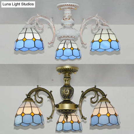 Lodge Style Stained Glass Semi Flush Light For Foyer - 3 Lights Bowl In White/Antique Brass