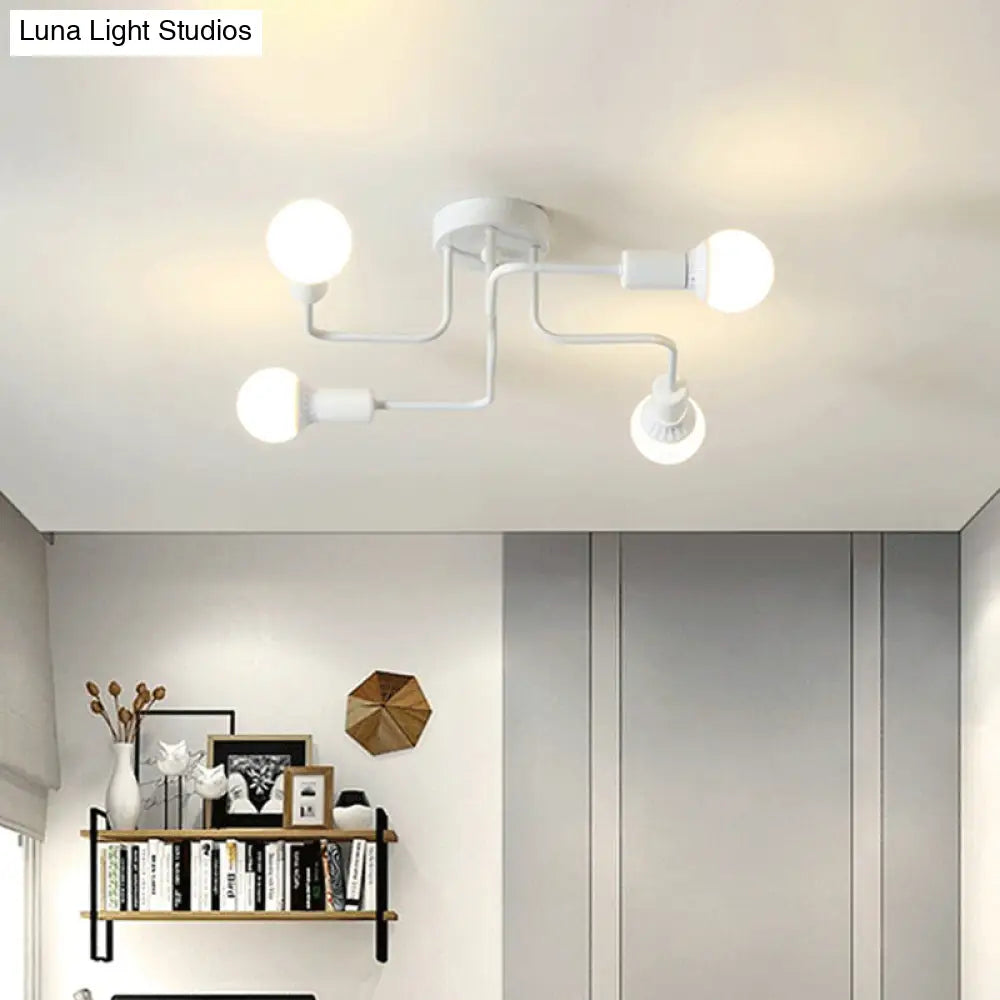Loft Industrial Exposed Semi Flush Light Fixture - 4/6-Head Metallic Ceiling In Black/White For