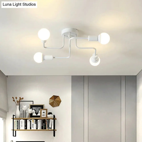 Loft Industrial Exposed Semi Flush Light Fixture - 4/6-Head Metallic Ceiling In Black/White For
