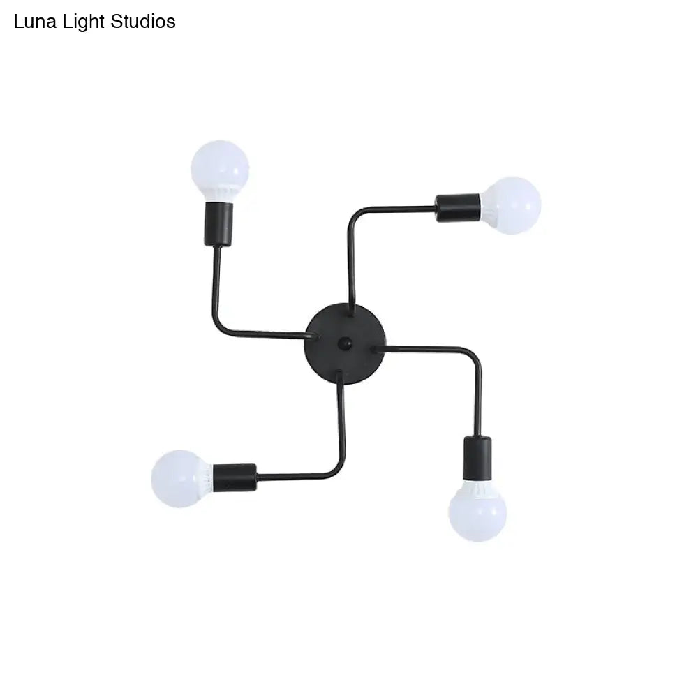 Loft Industrial Exposed Semi Flush Light Fixture - 4/6-Head Metallic Ceiling In Black/White For