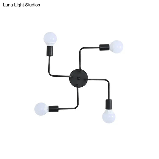 Loft Industrial Exposed Semi Flush Light Fixture - 4/6-Head Metallic Ceiling In Black/White For