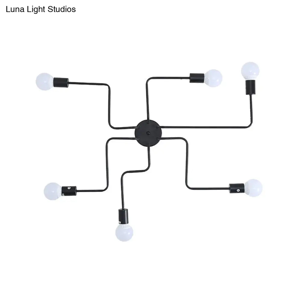 Loft Industrial Exposed Semi Flush Light Fixture - 4/6-Head Metallic Ceiling In Black/White For