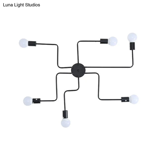 Loft Industrial Exposed Semi Flush Light Fixture - 4/6-Head Metallic Ceiling In Black/White For
