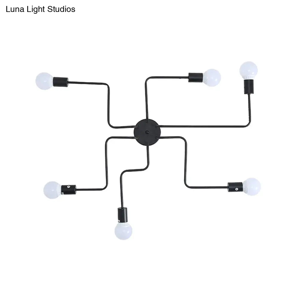 Loft Industrial Exposed Semi Flush Light Fixture - 4/6-Head Metallic Ceiling In Black/White For