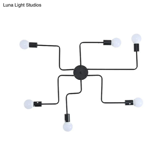 Loft Industrial Exposed Semi Flush Light Fixture - 4/6-Head Metallic Ceiling In Black/White For