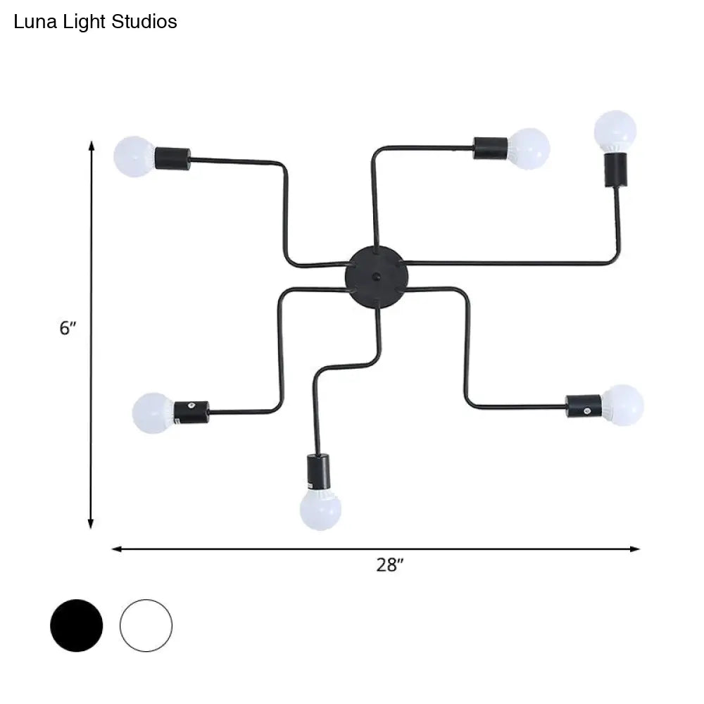 Loft Industrial Exposed Semi Flush Light Fixture - 4/6-Head Metallic Ceiling In Black/White For