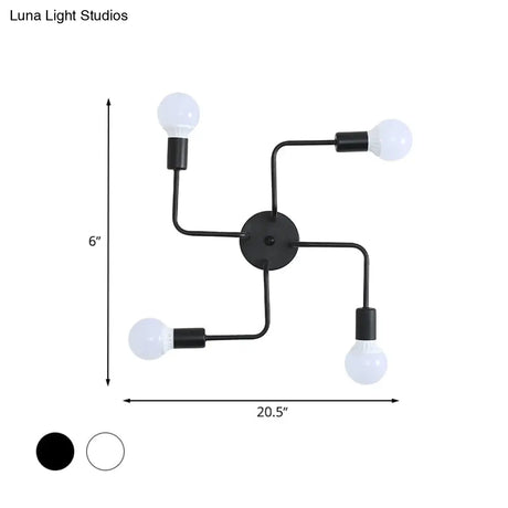 Loft Industrial Exposed Semi Flush Light Fixture - 4/6-Head Metallic Ceiling In Black/White For