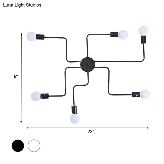 Loft Industrial Exposed Semi Flush Light Fixture - 4/6-Head Metallic Ceiling In Black/White For