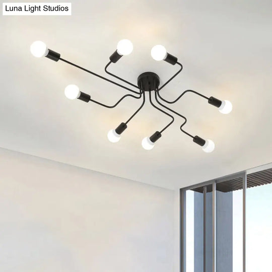 Loft Industrial Exposed Semi Flush Light Fixture - 4/6-Head Metallic Ceiling In Black/White For