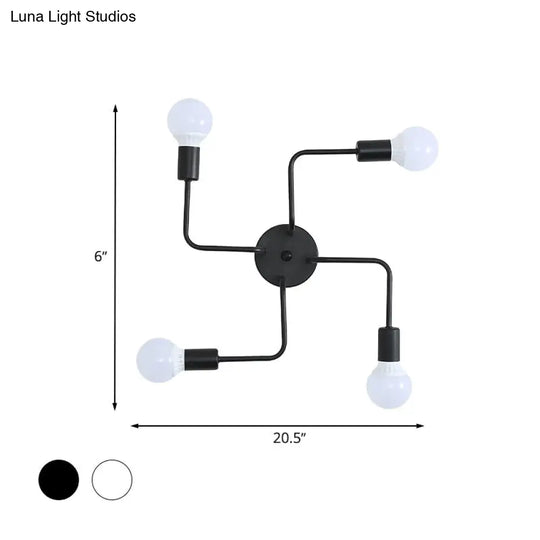 Loft Industrial Exposed Semi Flush Light Fixture - 4/6-Head Metallic Ceiling In Black/White For