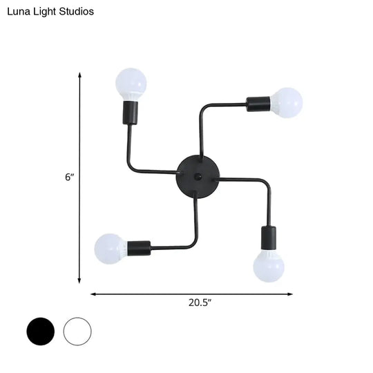 Loft Industrial Exposed Semi Flush Light Fixture - 4/6-Head Metallic Ceiling In Black/White For