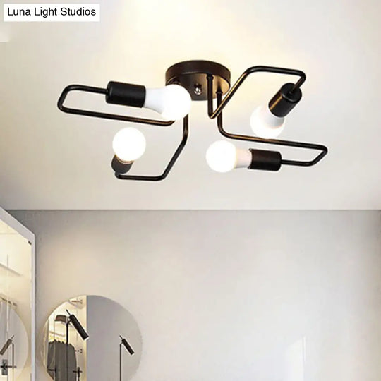 Loft Industrial Exposed Semi Flush Light Fixture - 4/6-Head Metallic Ceiling In Black/White For