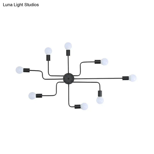 Loft Industrial Exposed Semi Flush Light Fixture - 4/6-Head Metallic Ceiling In Black/White For