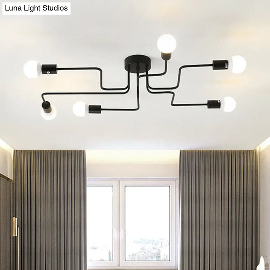 Loft Industrial Exposed Semi Flush Light Fixture - 4/6-Head Metallic Ceiling In Black/White For