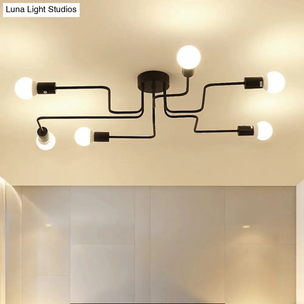 Loft Industrial Exposed Semi Flush Light Fixture - 4/6-Head Metallic Ceiling In Black/White For