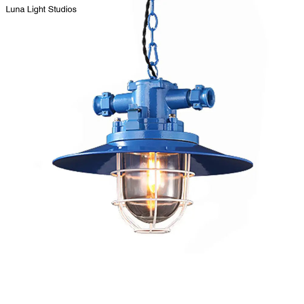 Modern Pendulum Pendant Light Kit - Metal Red/White/Blue Finish With Clear Glass Shade And Cage Blue