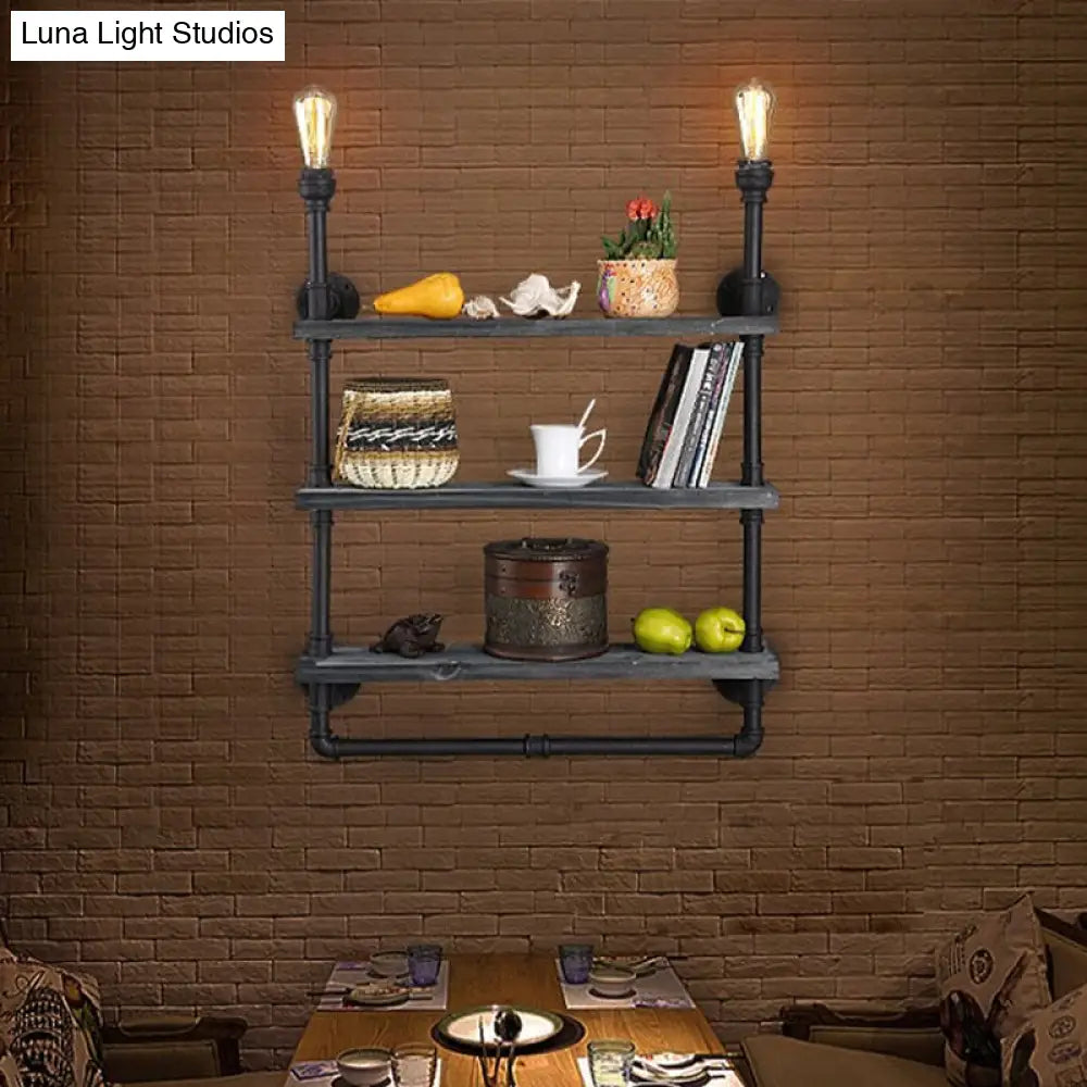 Loft Style 3-Tier Pipe Shelf Wall Lamp With Black Iron Finish And 2 Lights